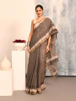Indethnic - Grey Stripes Printed Saree with Unstitched Blouse