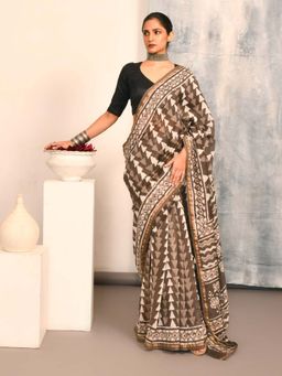 Indethnic - Grey Printed Saree with Unstitched Blouse