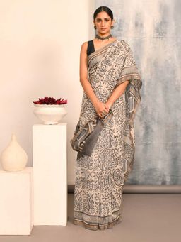 Indethnic - Grey Paisley Printed Saree with Unstitched Blouse