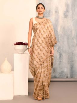Indethnic - Beige Floral Printed Saree with Unstitched Blouse
