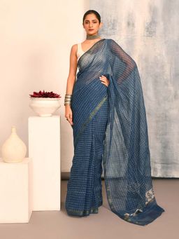 Indethnic - Navy Blue Checks Printed Saree with Unstitched Blouse