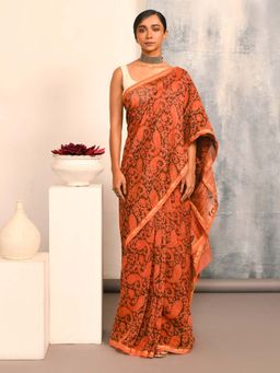 Indethnic - Orange Paisley Printed Saree with Unstitched Blouse