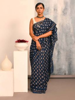 Indethnic - Navy Blue Paisley Printed Saree with Unstitched Blouse