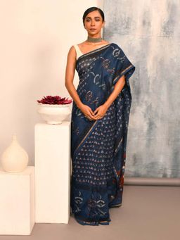 Indethnic - Navy Blue Printed Saree with Unstitched Blouse