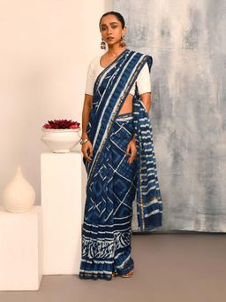 Indethnic - Navy Blue Printed Saree with Unstitched Blouse