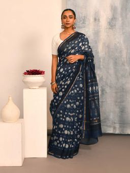 Indethnic - Navy Blue Printed Saree with Unstitched Blouse