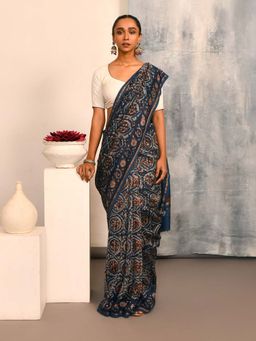 Indethnic - Navy Blue Floral Printed Saree with Unstitched Blouse