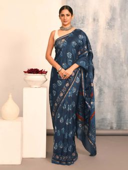 Indethnic - Navy Blue Floral Printed Saree with Unstitched Blouse