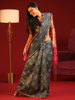 Indethnic - Cotton Silk Black Printed Saree with Unstitched Blouse