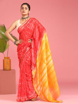 Indethnic - Cotton Silk Red Printed Saree with Unstitched Blouse