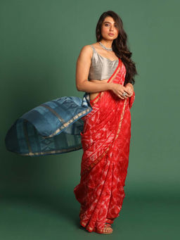 Indethnic - Cotton Silk Red Printed Saree with Unstitched Blouse