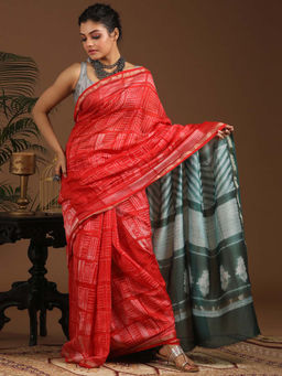 Indethnic - Cotton Silk Red Printed Saree with Unstitched Blouse