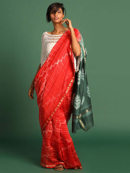 Indethnic - Cotton Silk Red Checks Saree with Unstitched Blouse