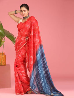 Indethnic - Cotton Silk Red Printed Saree with Unstitched Blouse