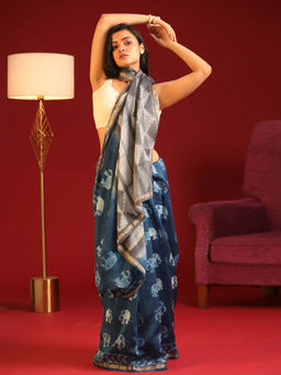 Indethnic - Cotton Silk Navy Blue Printed Saree with Unstitched Blouse