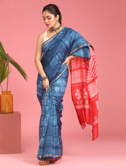 Indethnic - Cotton Silk Blue Printed Saree with Unstitched Blouse