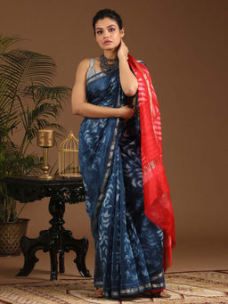 Indethnic - Cotton Silk Navy Blue Floral Printed Saree with Unstitched Blouse
