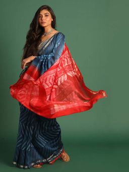 Indethnic - Cotton Silk Blue Printed Saree with Unstitched Blouse