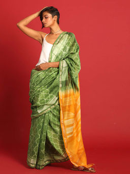 Indethnic - Cotton Silk Green Printed Saree with Unstitched Blouse