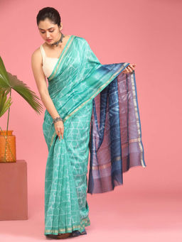 Indethnic - Cotton Silk Green Geometric Printed Saree with Unstitched Blouse