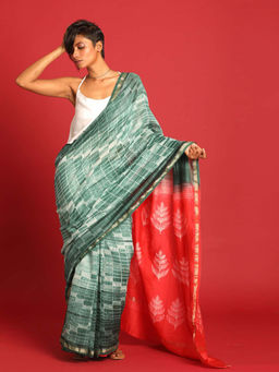 Indethnic - Cotton Silk Green Checks Saree with Unstitched Blouse
