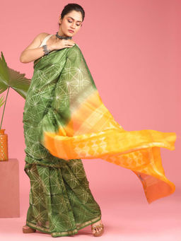 Indethnic - Cotton Silk Green Printed Saree with Unstitched Blouse