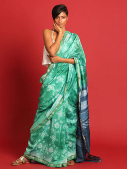 Indethnic - Cotton Silk Green Printed Saree with Unstitched Blouse