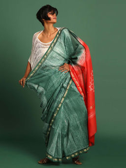 Indethnic - Cotton Silk Green Stripes Printed Saree with Unstitched Blouse