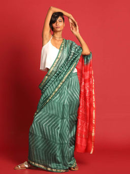 Indethnic - Cotton Silk Green Printed Saree with Unstitched Blouse