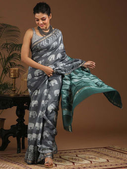 Indethnic - Cotton Silk Green Printed Saree with Unstitched Blouse