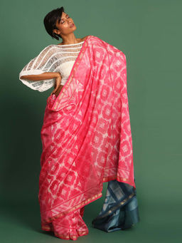 Indethnic - Cotton Silk Pink Printed Saree with Unstitched Blouse