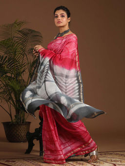 Indethnic - Cotton Silk Pink Printed Saree with Unstitched Blouse