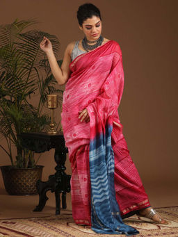 Indethnic - Cotton Silk Pink Stripes Printed Saree with Unstitched Blouse