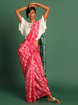 Indethnic - Cotton Silk Pink Floral Printed Saree with Unstitched Blouse