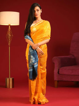 Indethnic - Cotton Silk Yellow Printed Saree with Unstitched Blouse