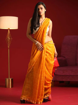 Indethnic - Cotton Silk Yellow Geometric Printed Saree with Unstitched Blouse