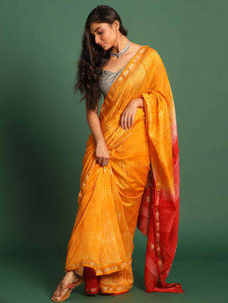 Indethnic - Cotton Silk Yellow Stripes Printed Saree with Unstitched Blouse