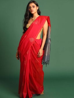 Indethnic - Red Pochampally Woven Tassels Saree with Unstitched Blouse