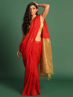 Indethnic - Red Pochampally Woven Tassels Saree with Unstitched Blouse