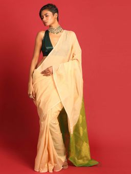 Indethnic - Beige Pochampally Woven Tassels Saree with Unstitched Blouse