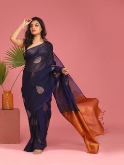 Indethnic - Navy Blue Pochampally Woven Tassels Saree with Unstitched Blouse