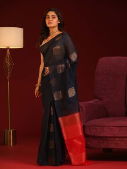 Indethnic - Navy Blue Pochampally Woven Tassels Saree with Unstitched Blouse
