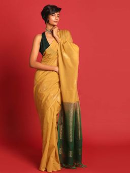 Indethnic - Gold Pochampally Woven Tassels Saree with Unstitched Blouse