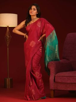 Indethnic - Magenta Pochampally Woven Tassels Saree with Unstitched Blouse