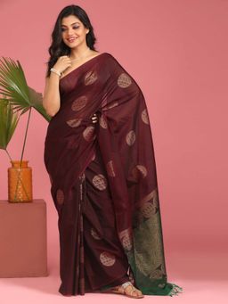 Indethnic - Maroon Pochampally Paisley Woven Saree with Unstitched Blouse