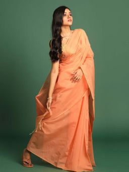 Indethnic - Peach Pochampally Woven Tassels Saree with Unstitched Blouse