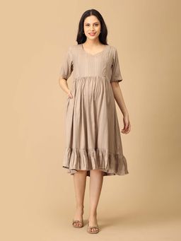 The Mom Store - Beige Tiered Maternity and Nursing Dress