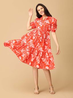 The Mom Store - Orange and White Printed Maternity Dress