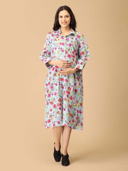 The Mom Store - Light Blue and Red Printed Maternity Shirt Dress