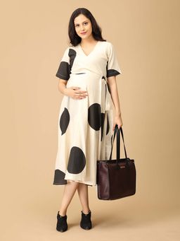 The Mom Store - Off White and Black Printed Maternity Wrap Dress
